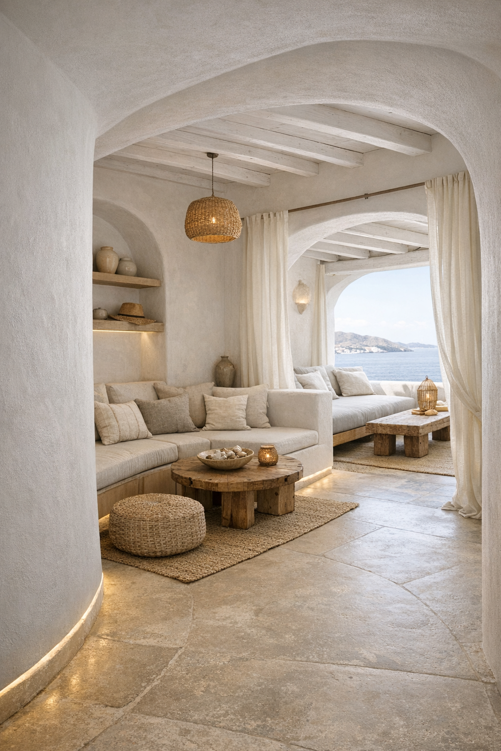 Multipurpose passage and lounge area with curved walls and built-in seating