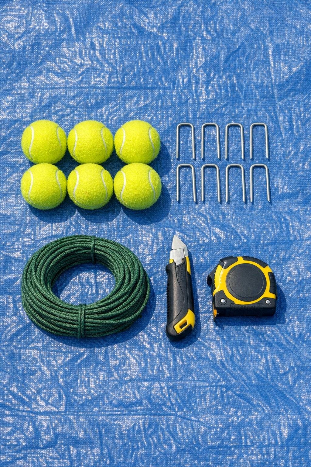 Materials for making tennis ball garden wind anchors laid out together