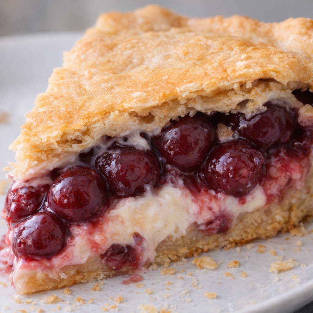 Close view of creamy cherry pie filling inside a slice