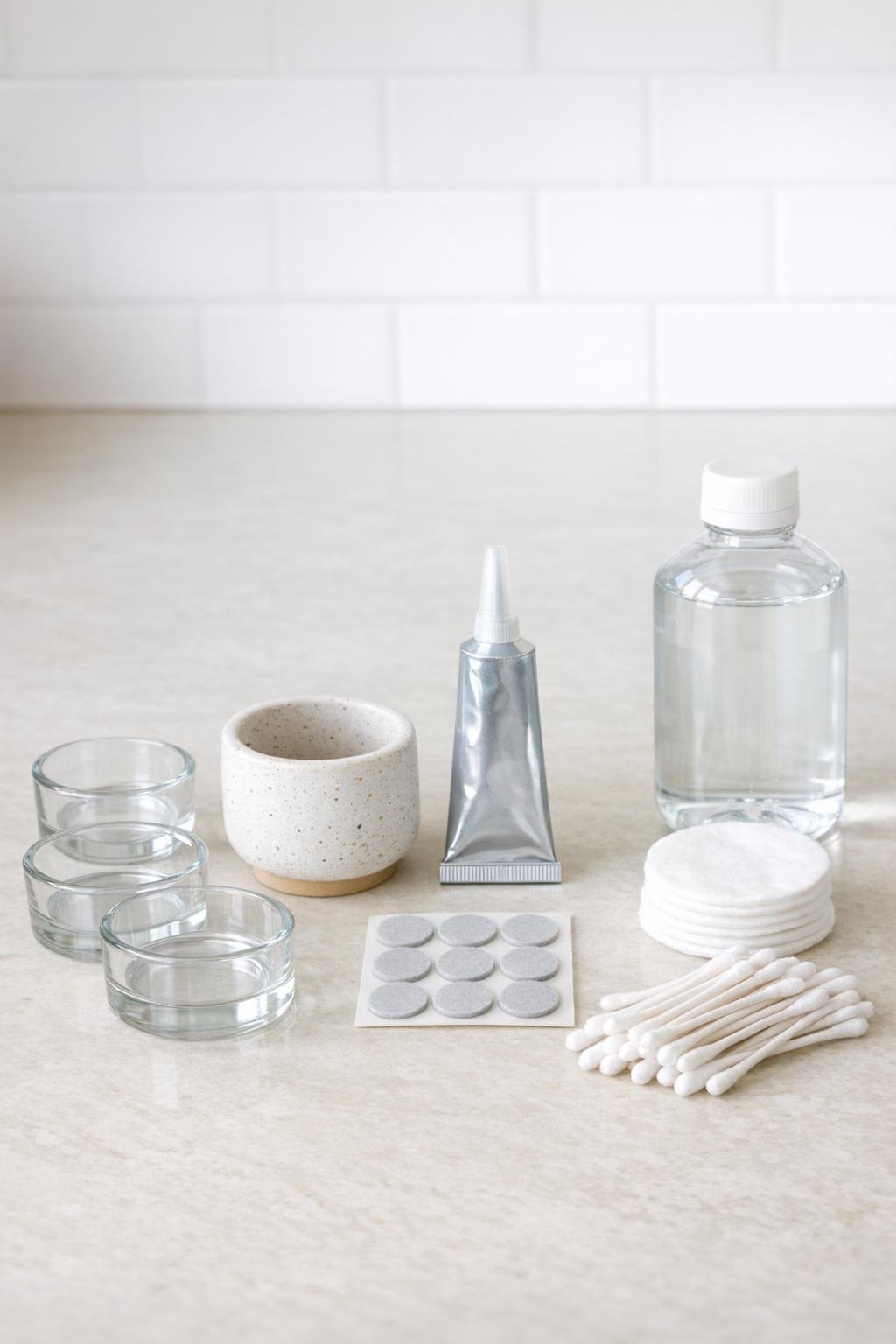 Materials for making a bathroom q-tip dispenser laid out on a countertop