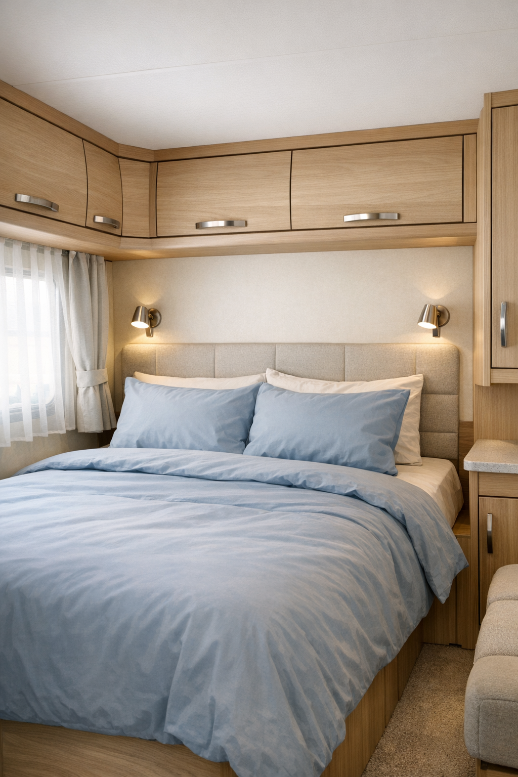 Peaceful RV bedroom with soft blue bedding and pale wood built-ins