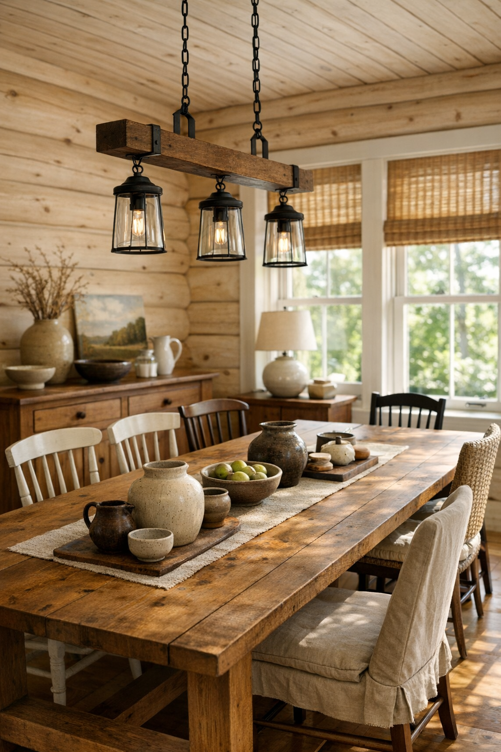Rustic dining room with farmhouse table and soft almond-toned log walls