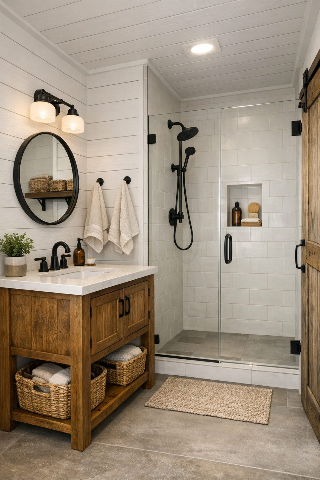 Small bathroom with wood vanity, matte black fixtures, tiled shower, and painted plank walls