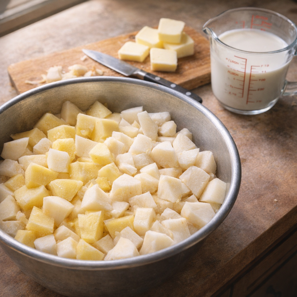 Peeled potatoes and turnips ready for the slow cooker