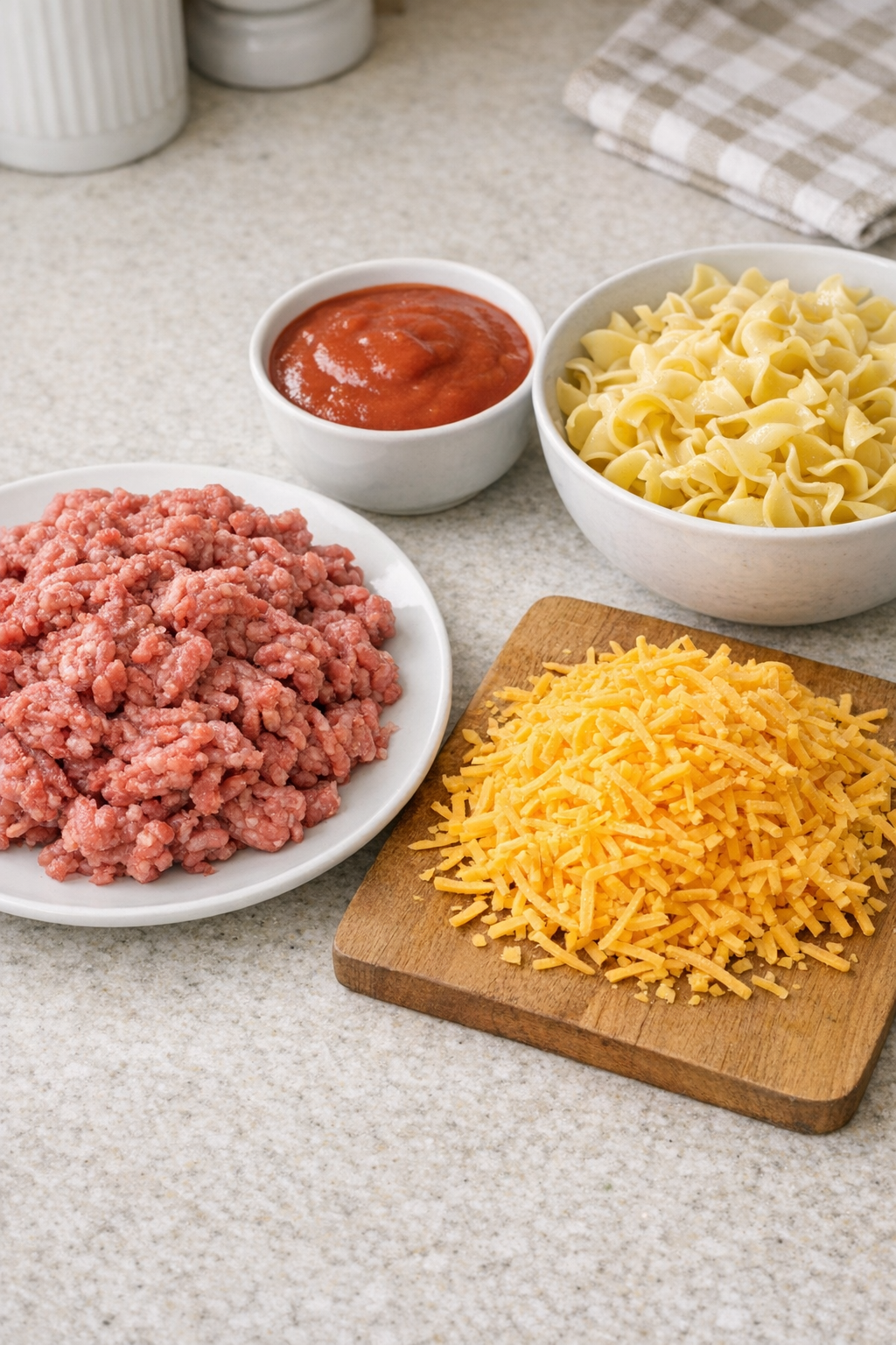 Ground beef, tomato soup, cheddar cheese, and cooked egg noodles