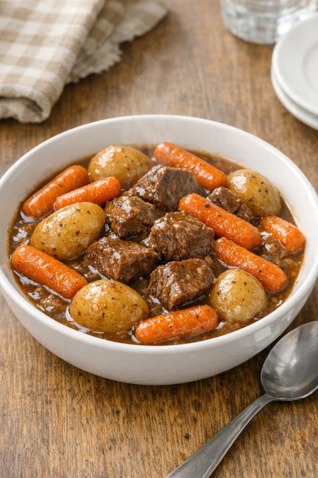 Finished beef stew in a bowl