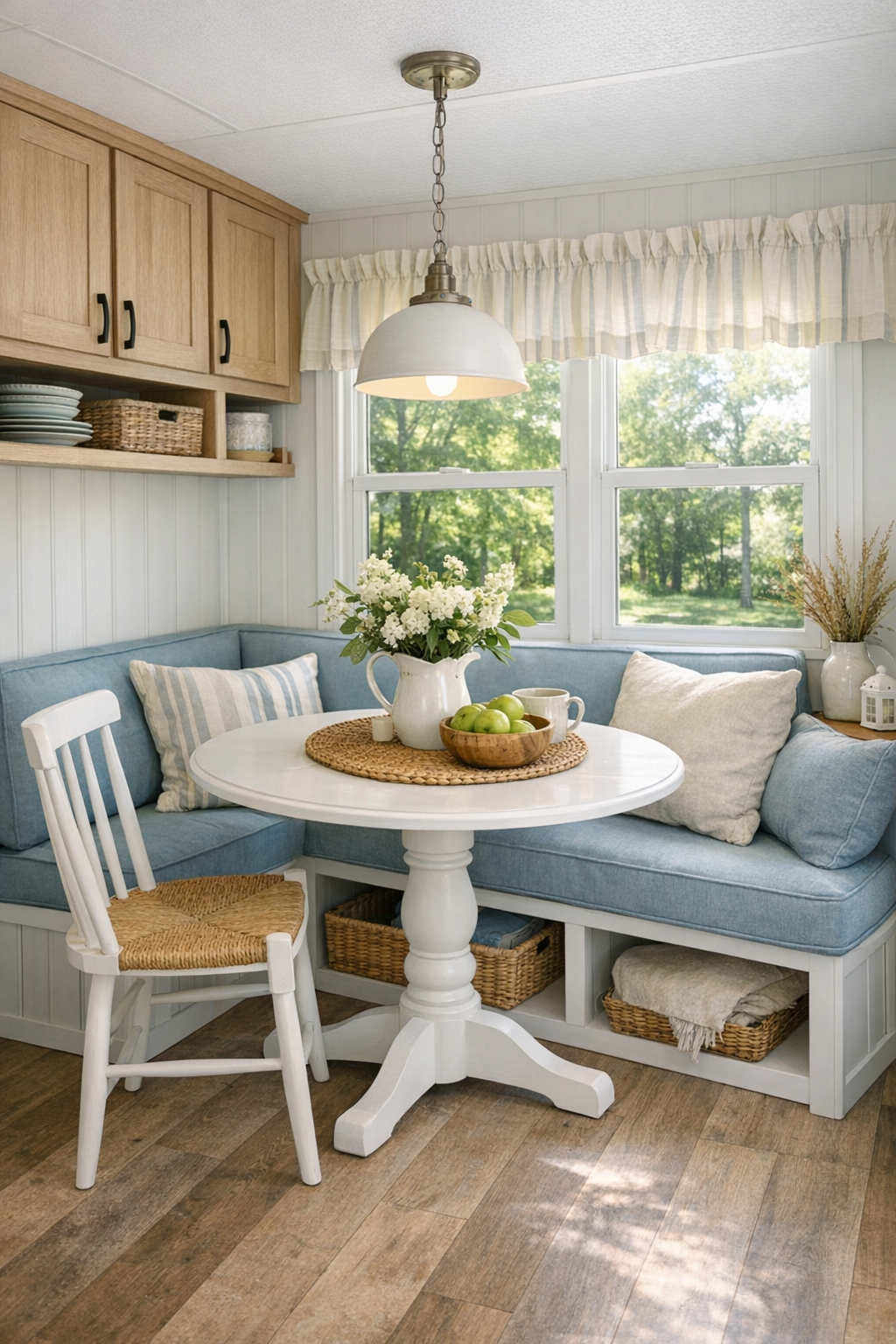 Small cottage dining area with a pedestal table and bright finishes