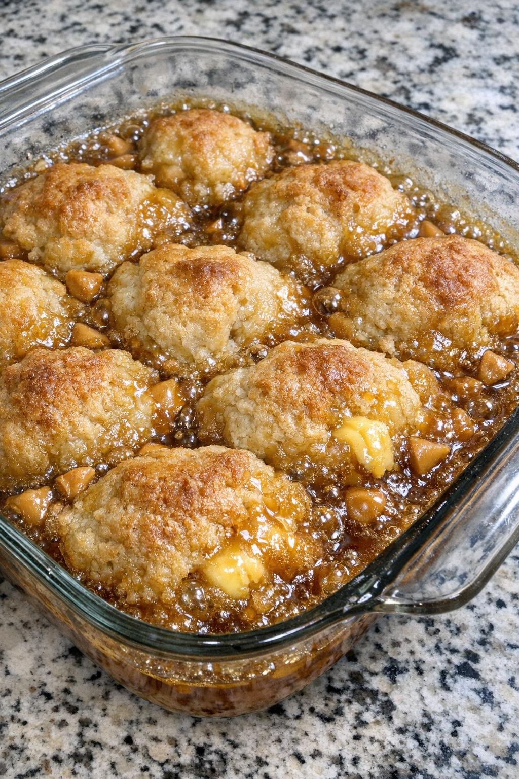 Finished butterscotch dumplings in casserole dish