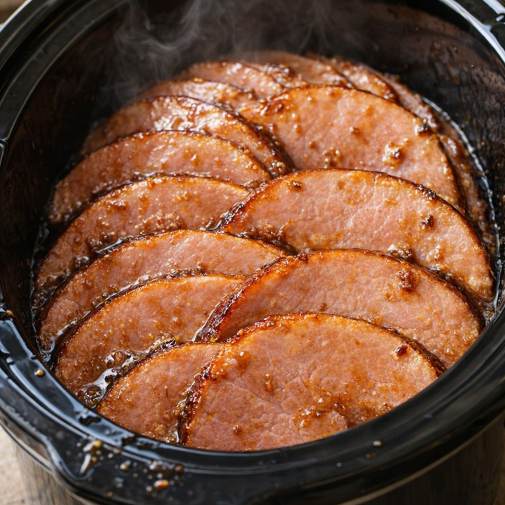 Slow cooker ham slices coated in glossy mustard glaze