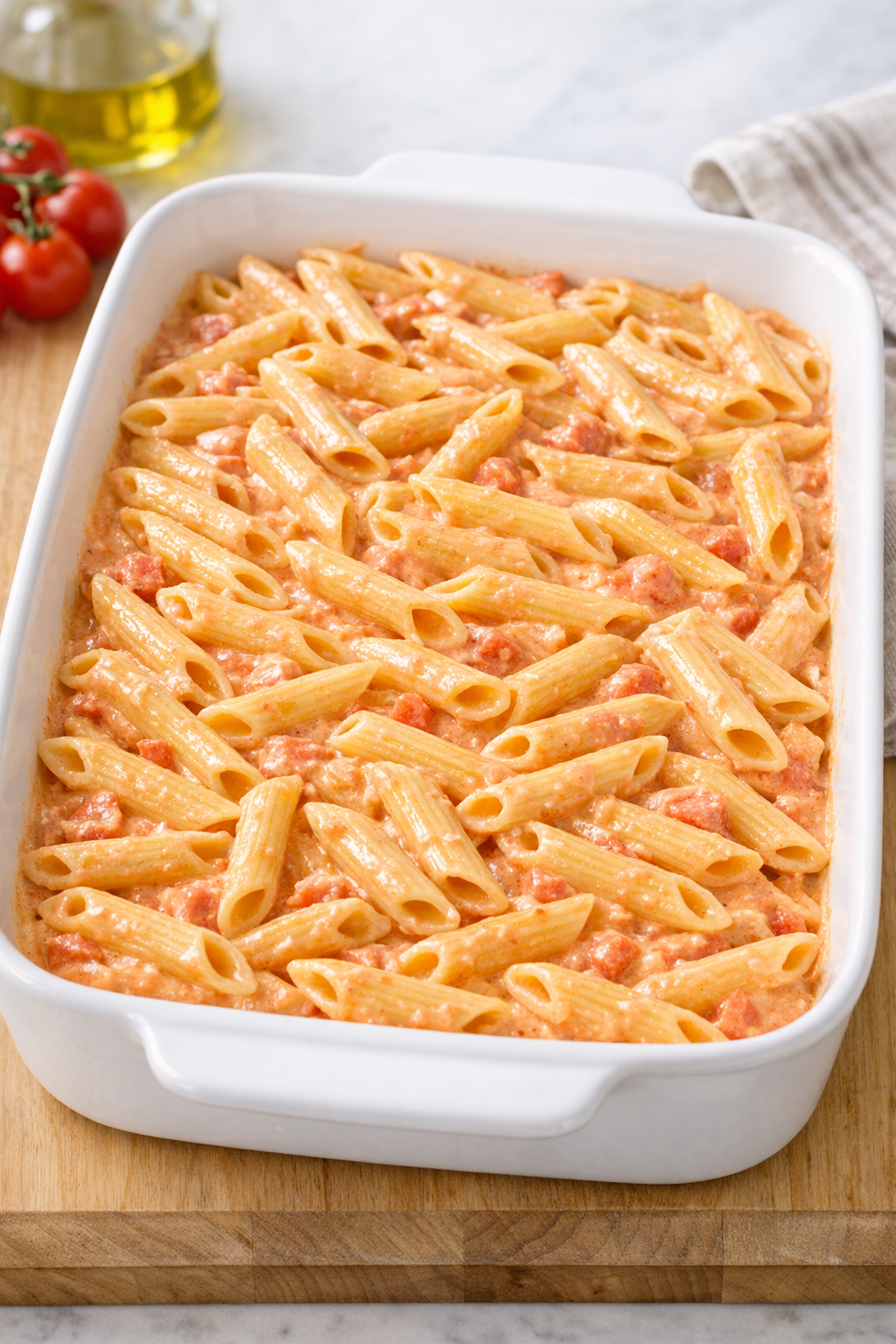 Sauced penne spread in a casserole dish