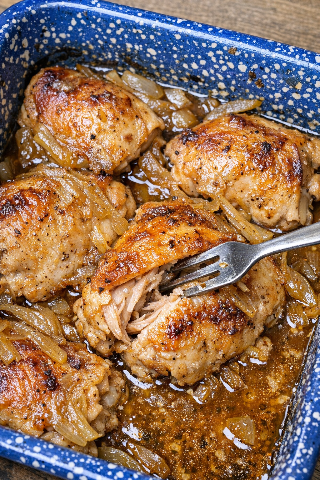 Baked chicken thighs with onions and amber sauce in a blue speckled baking dish