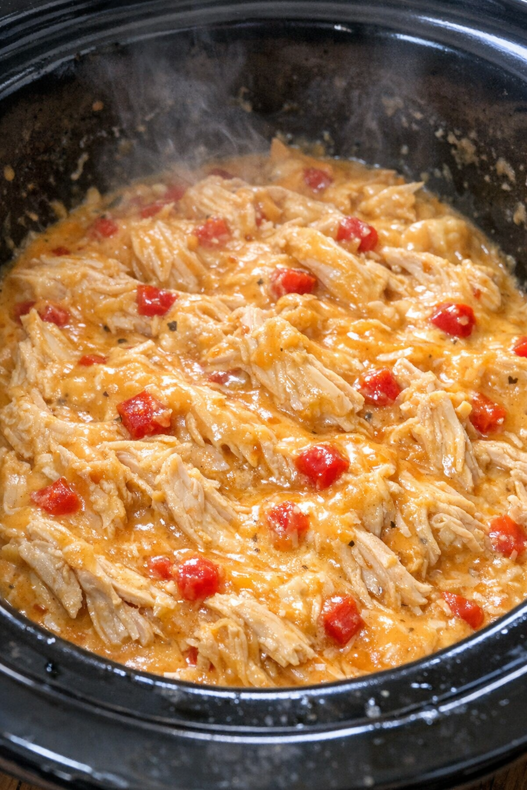 Creamy pimento chicken in a black slow cooker