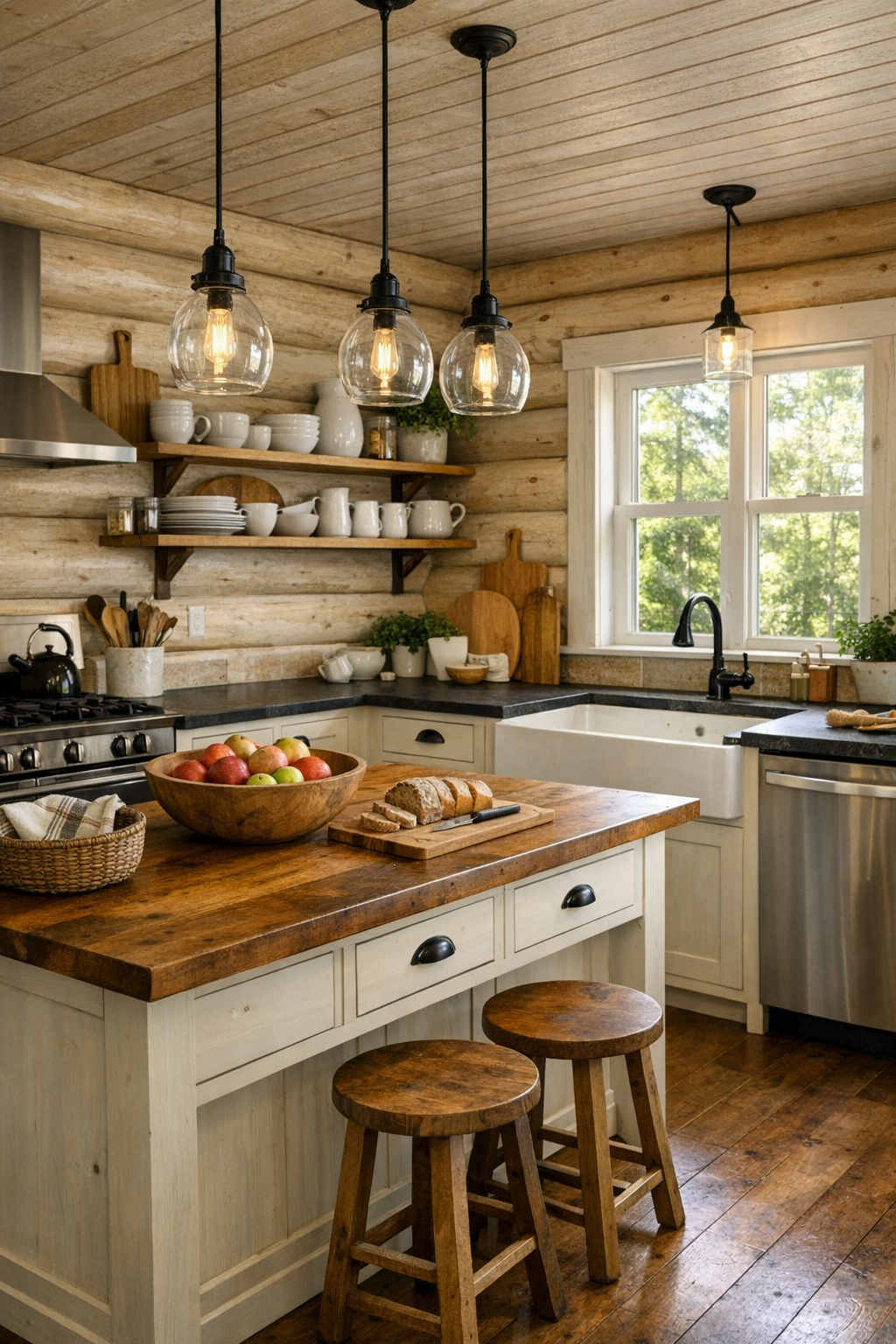 Inviting log home kitchen with cream Amish cabinetry, dark counters, and a farmhouse sink