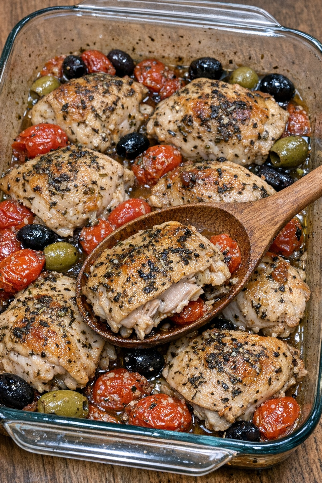 Herb-roasted chicken with tomatoes and olives in a glass baking dish