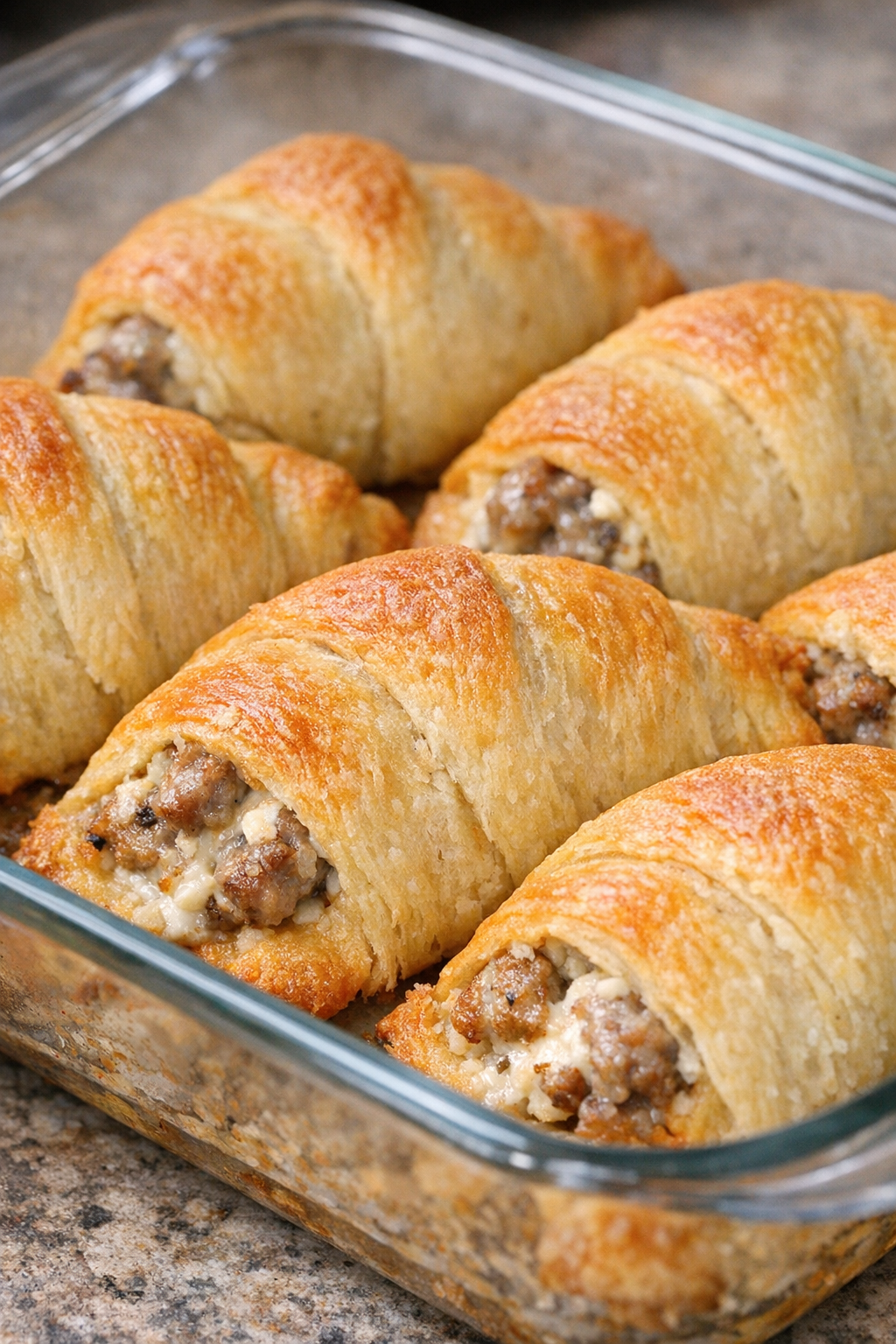 Southern sausage cream cheese crescents baked until golden brown in a glass casserole dish