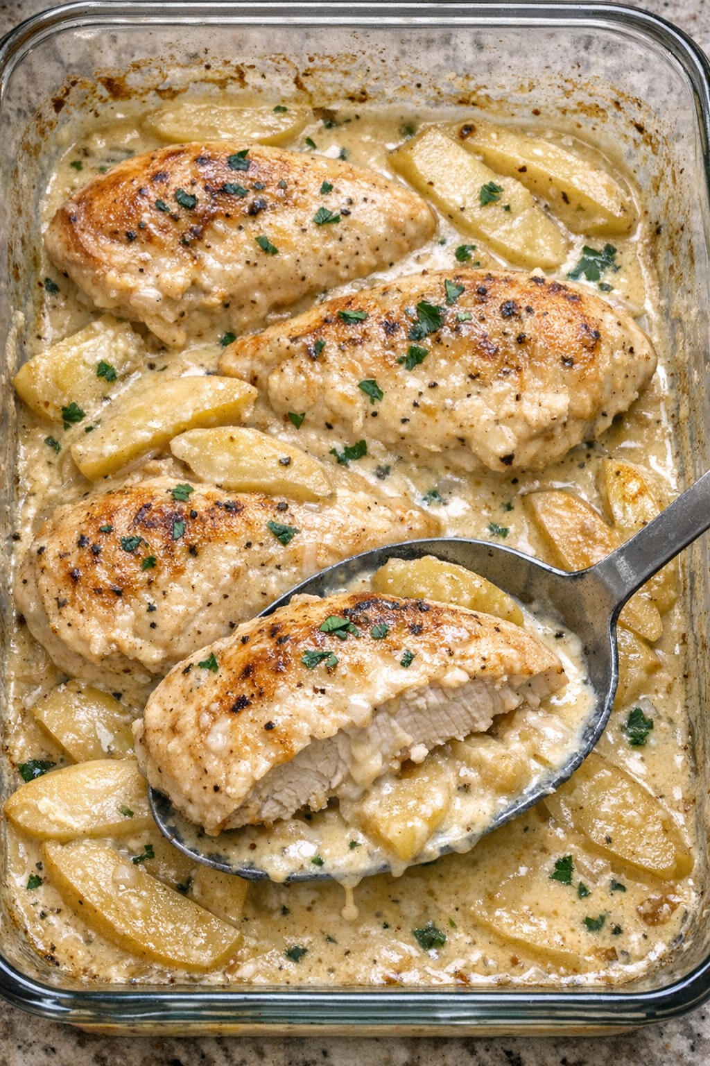 Chicken Normandy in creamy apple cider sauce in a glass baking dish