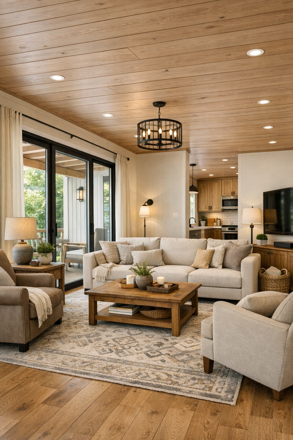 Warm accessible living room with oak finishes and soft neutral seating