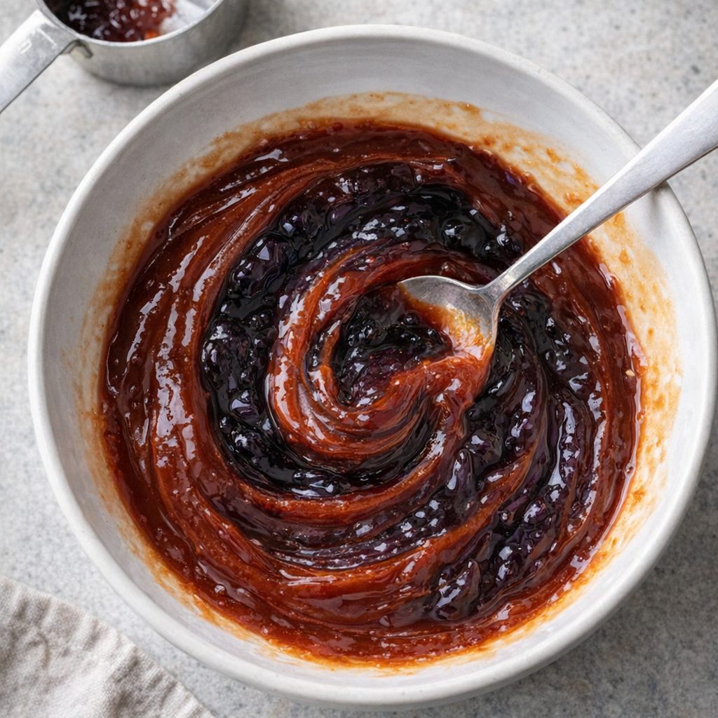 Measured barbecue sauce and grape jelly in a mixing bowl