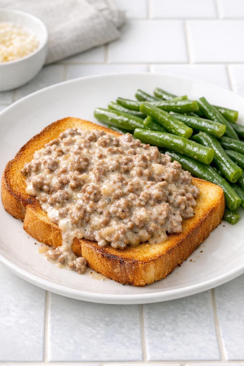 Plated creamed beef over toast with green beans
