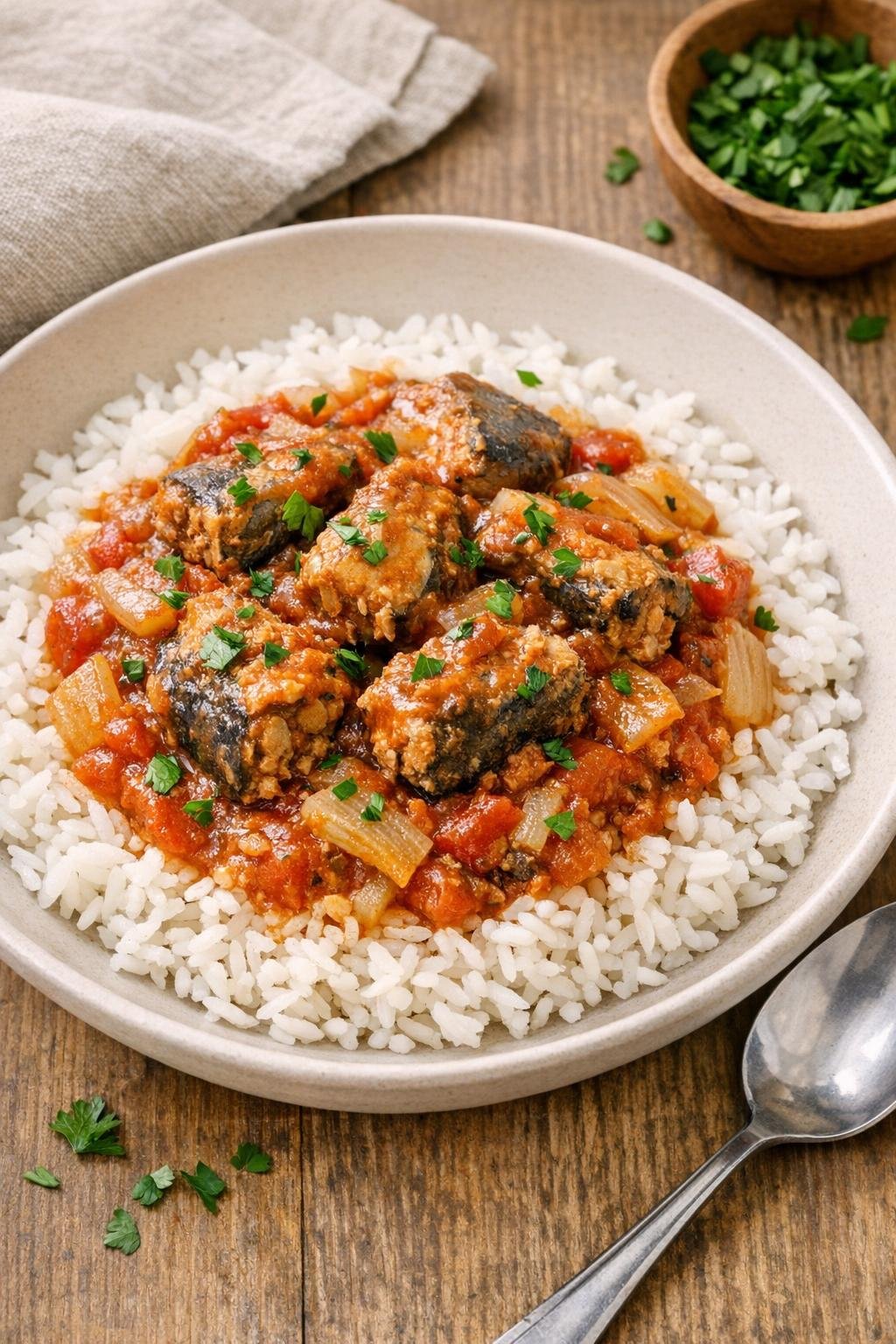 Finished slow cooker jack mackerel served over rice