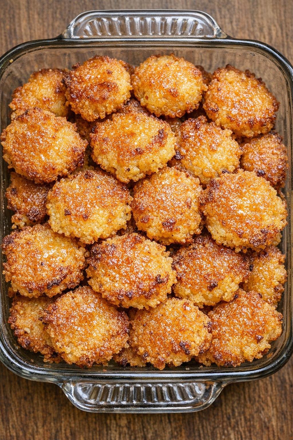 Finished southern cornmeal bites in a vintage glass casserole dish