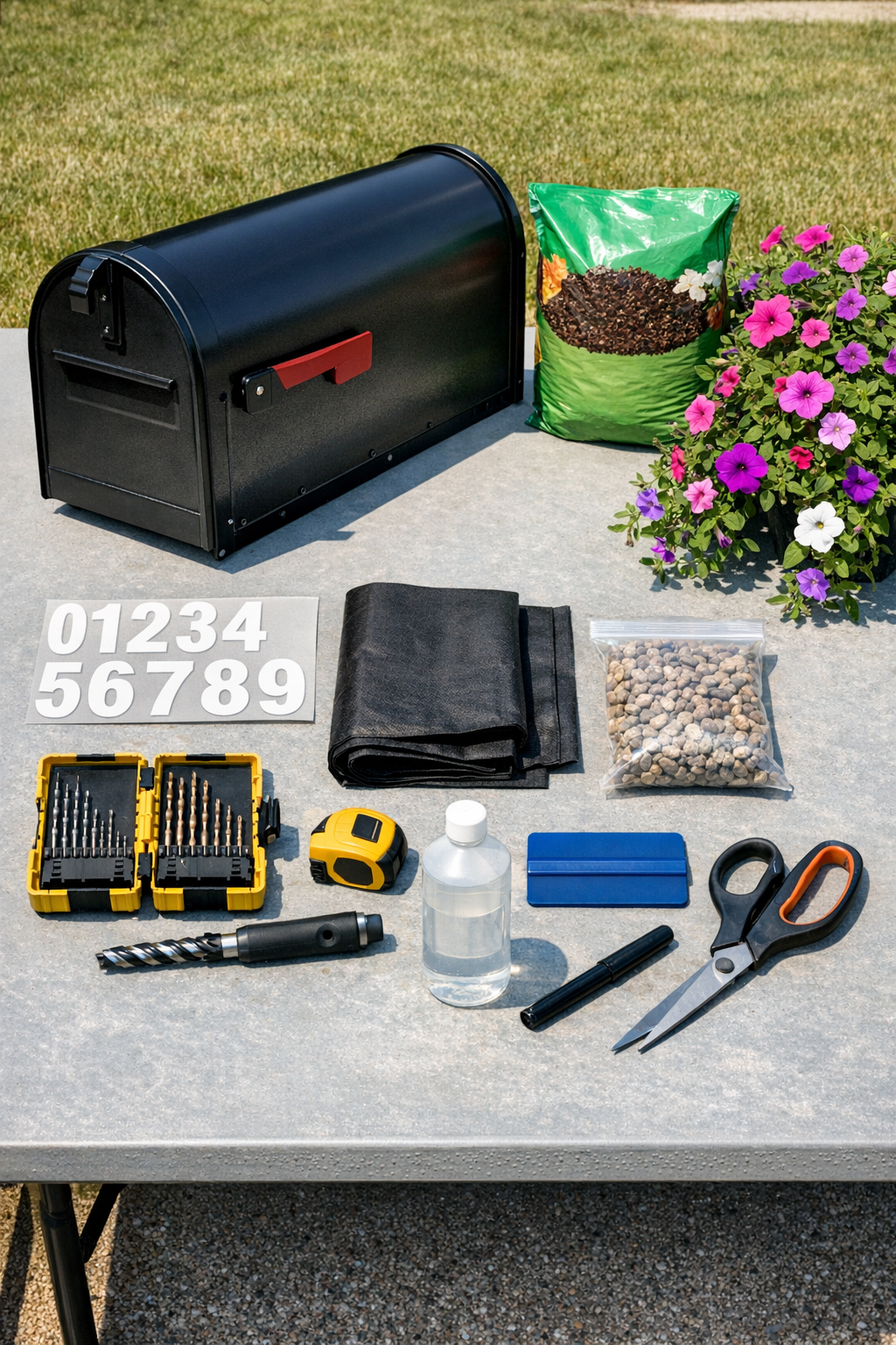 Materials for an outdoor address planter made from a black plastic mailbox