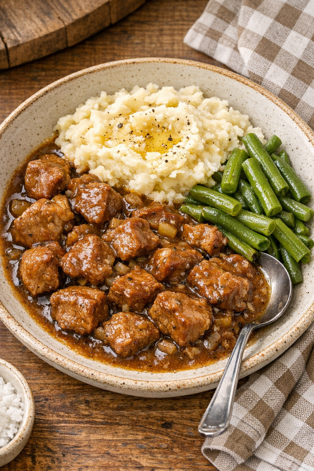 Finished slow cooker pork stew meat plated with sauce