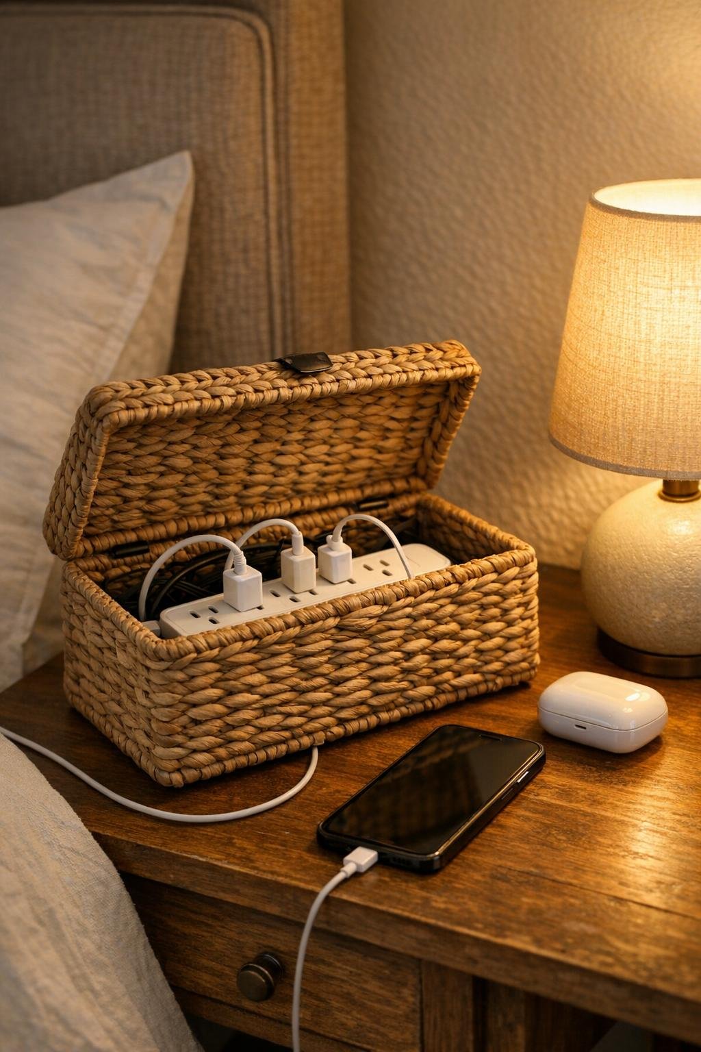 Finished woven basket charging station on a bedroom nightstand