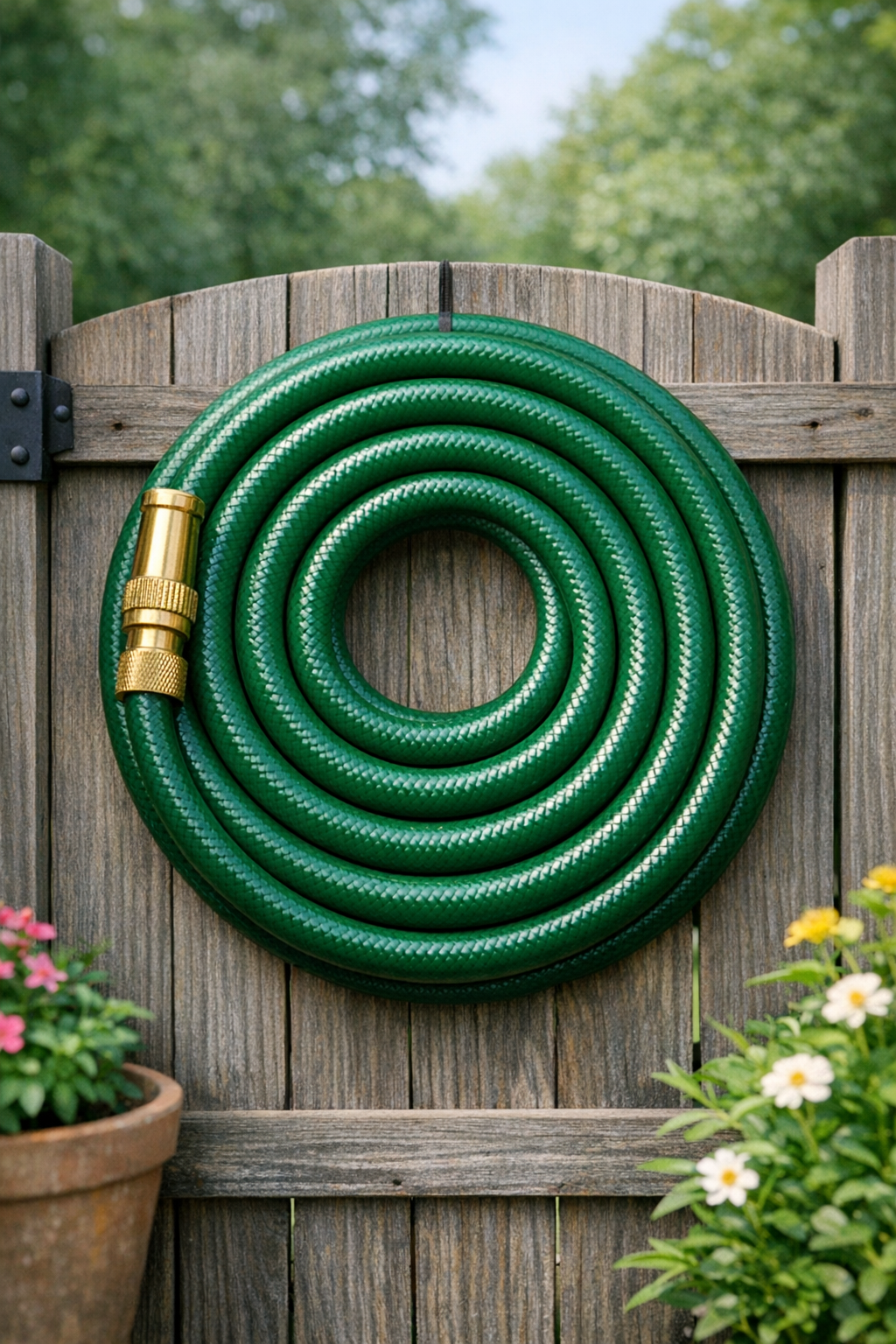 Finished spiral garden hose wreath with brass nozzle accent
