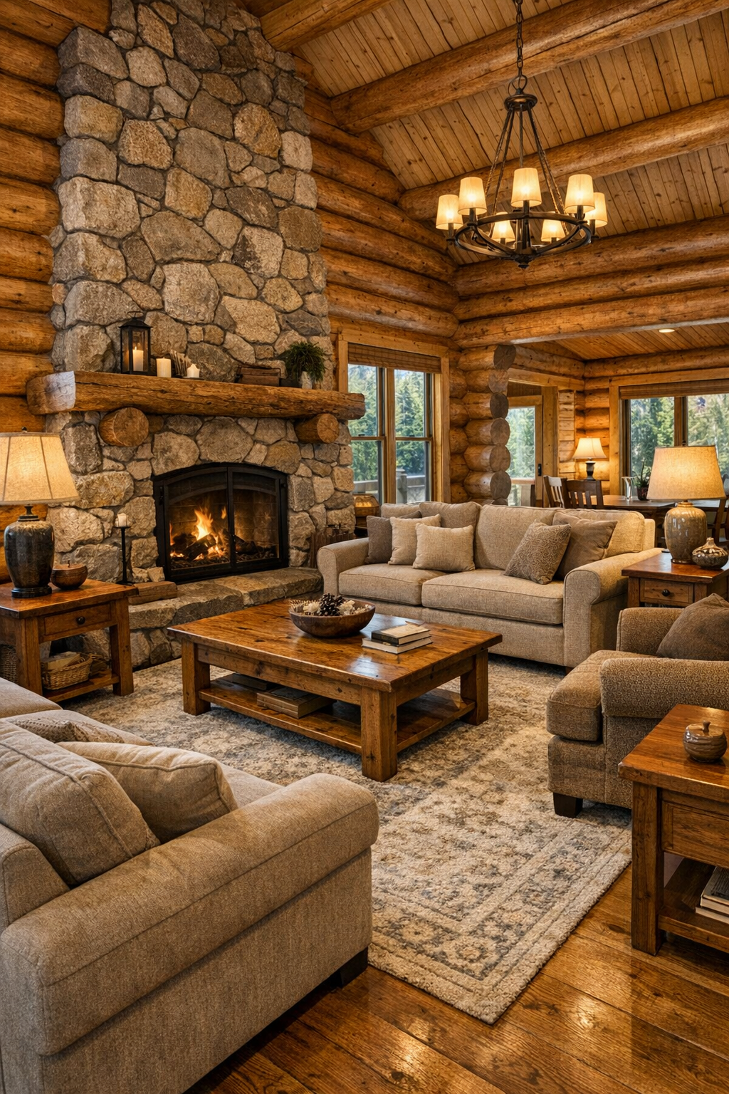 Warm log home living room with hemlock walls, stone fireplace, and Amish-crafted wood furniture