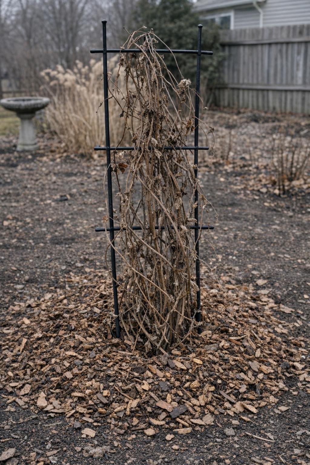 Clematis vine left standing with mulch over the root zone