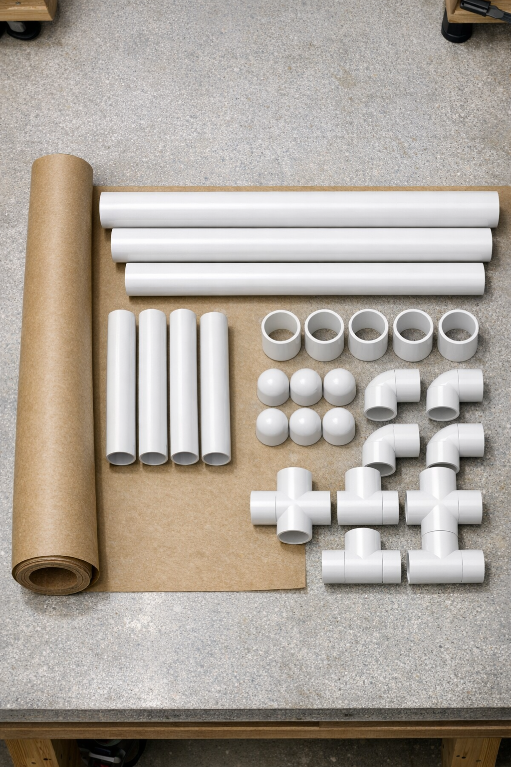White PVC pipes and parchment paper laid out for the project