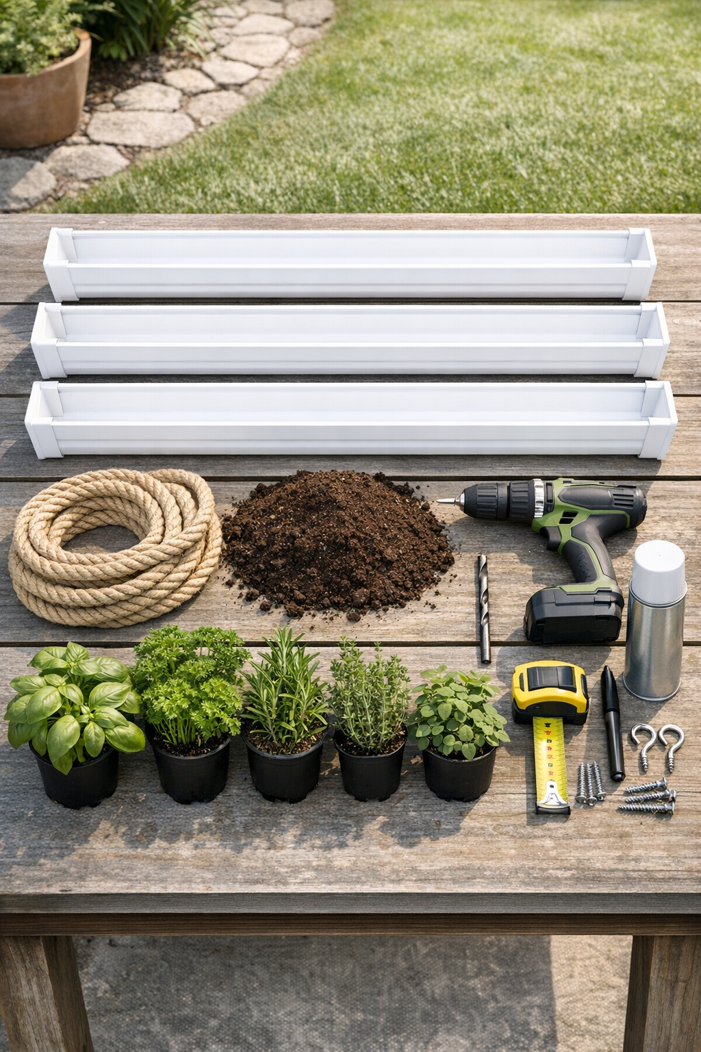 Materials for a hanging gutter herb planter laid out together