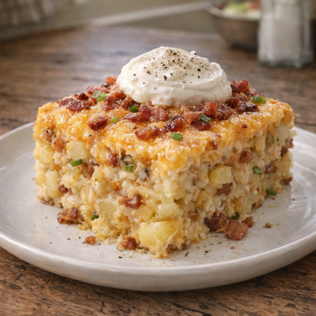 Slice of loaded potato bake on a plate with sour cream