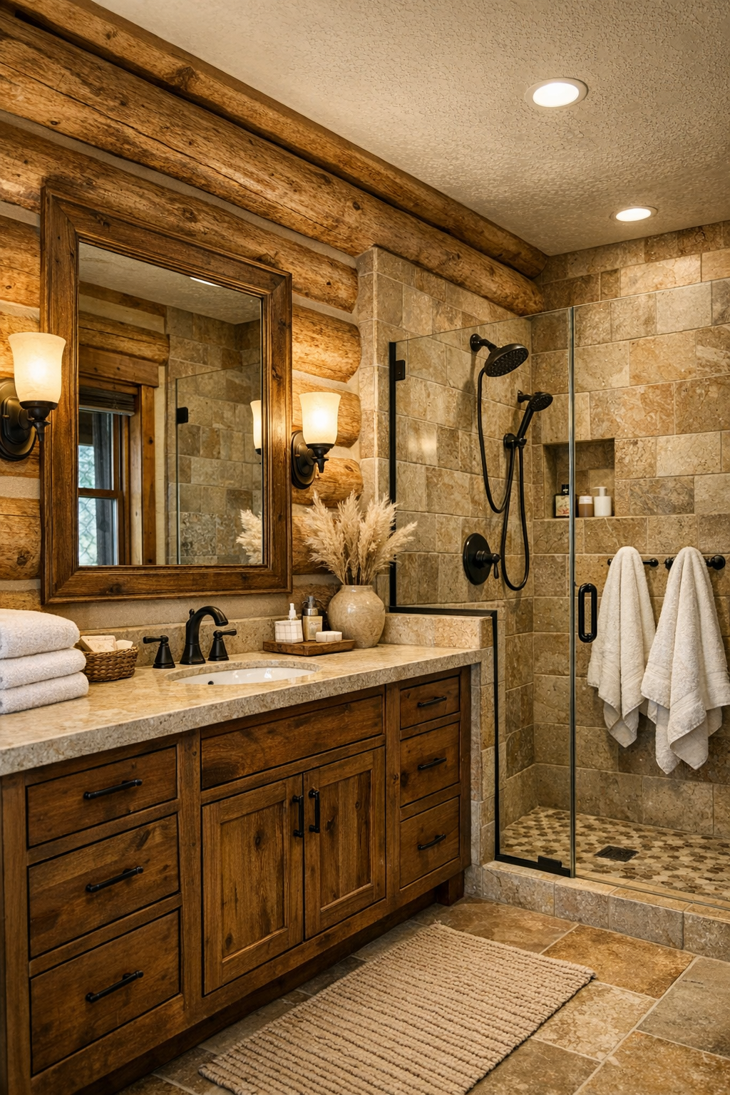 Timeless rustic bathroom with wood vanity and stone finishes