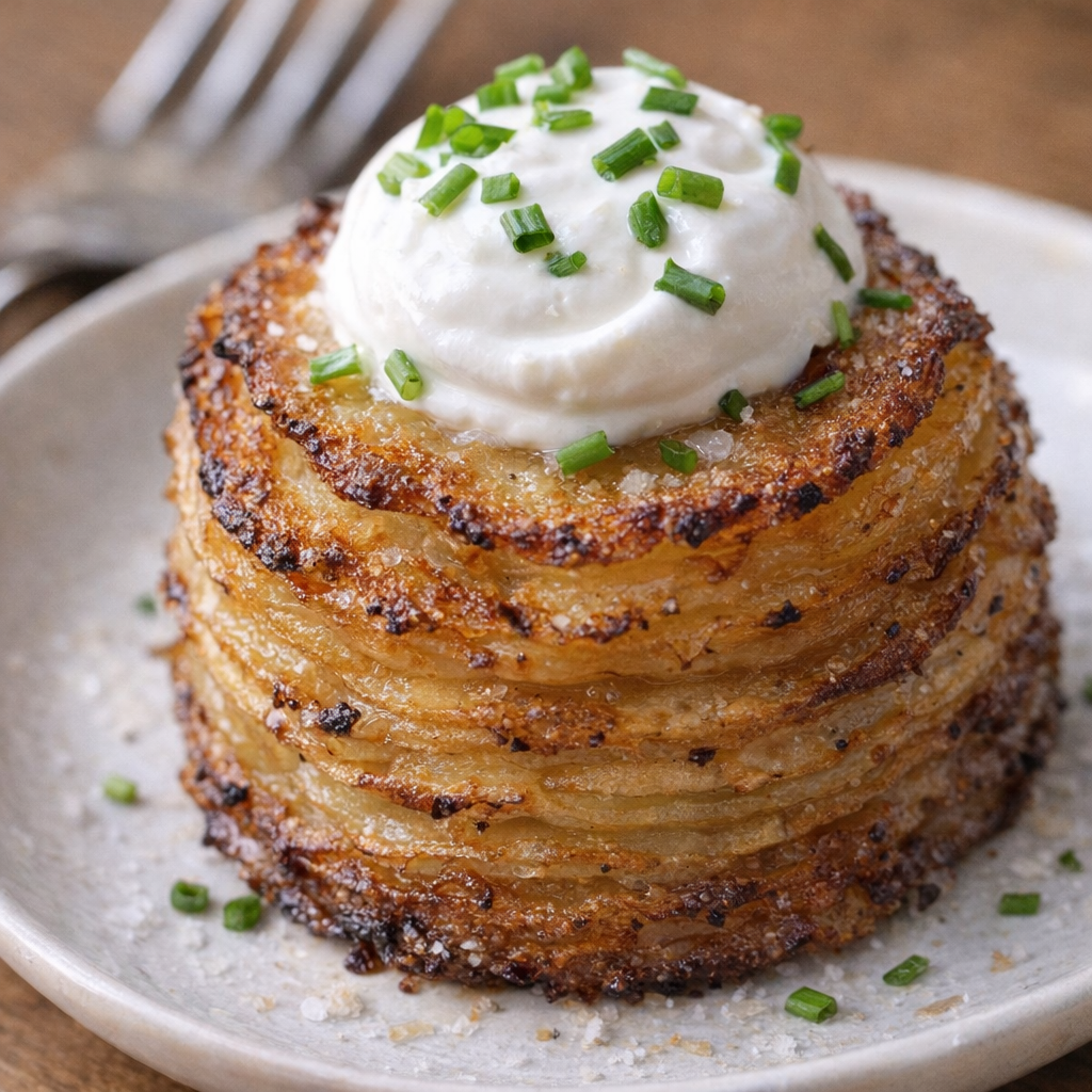 Potato stacker topped with herbs and sour cream