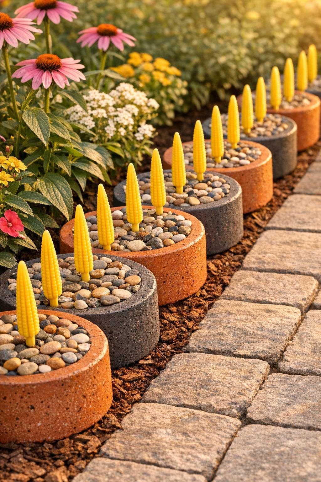 Finished decorated cement patio border pieces with stained bases and pebble-topped finish