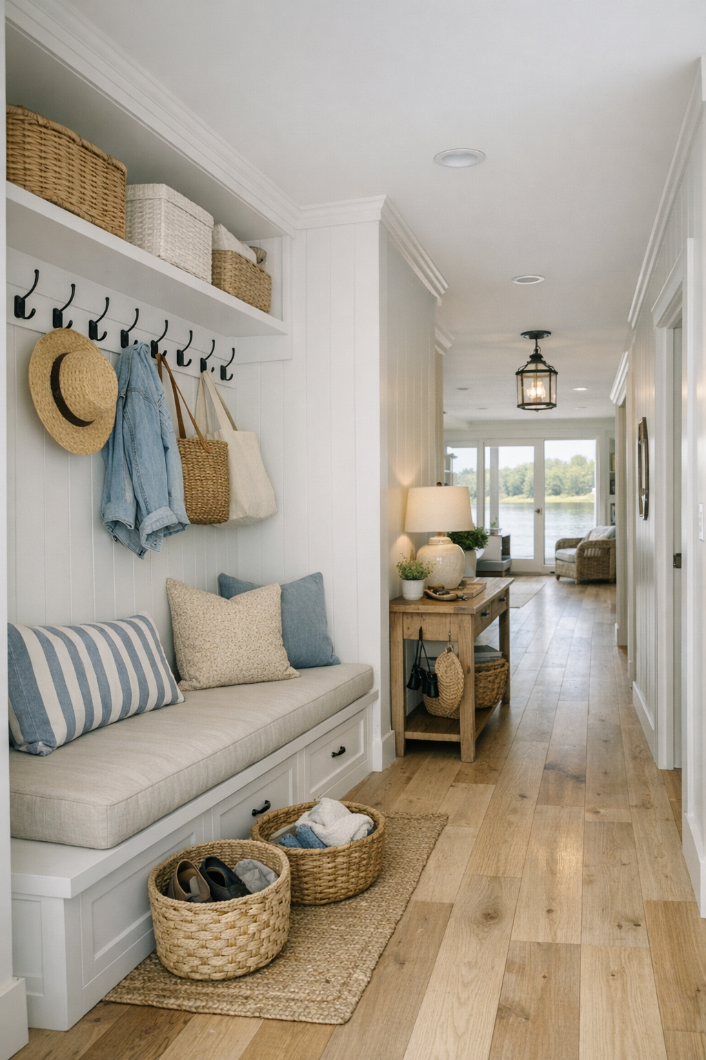 Thoughtful cottage houseboat hallway and entry nook with built-in storage and natural light