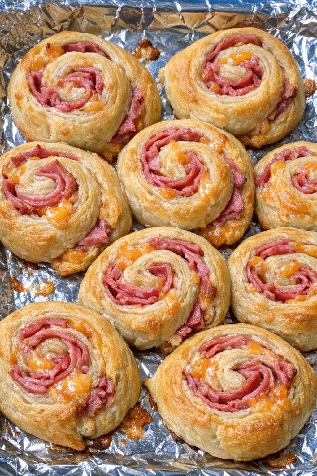 Flaky golden crescent pinwheels with corned beef and colby cheese on a foil-lined baking sheet