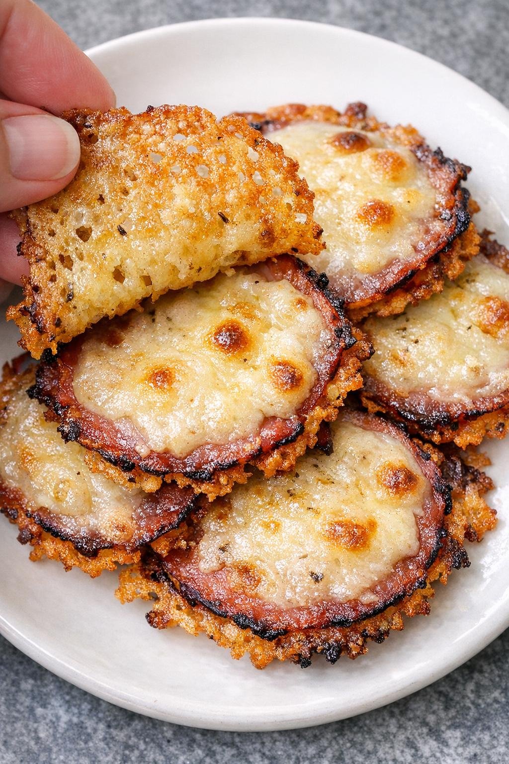 Low carb 3-ingredient ham hathaway crisps on a white plate