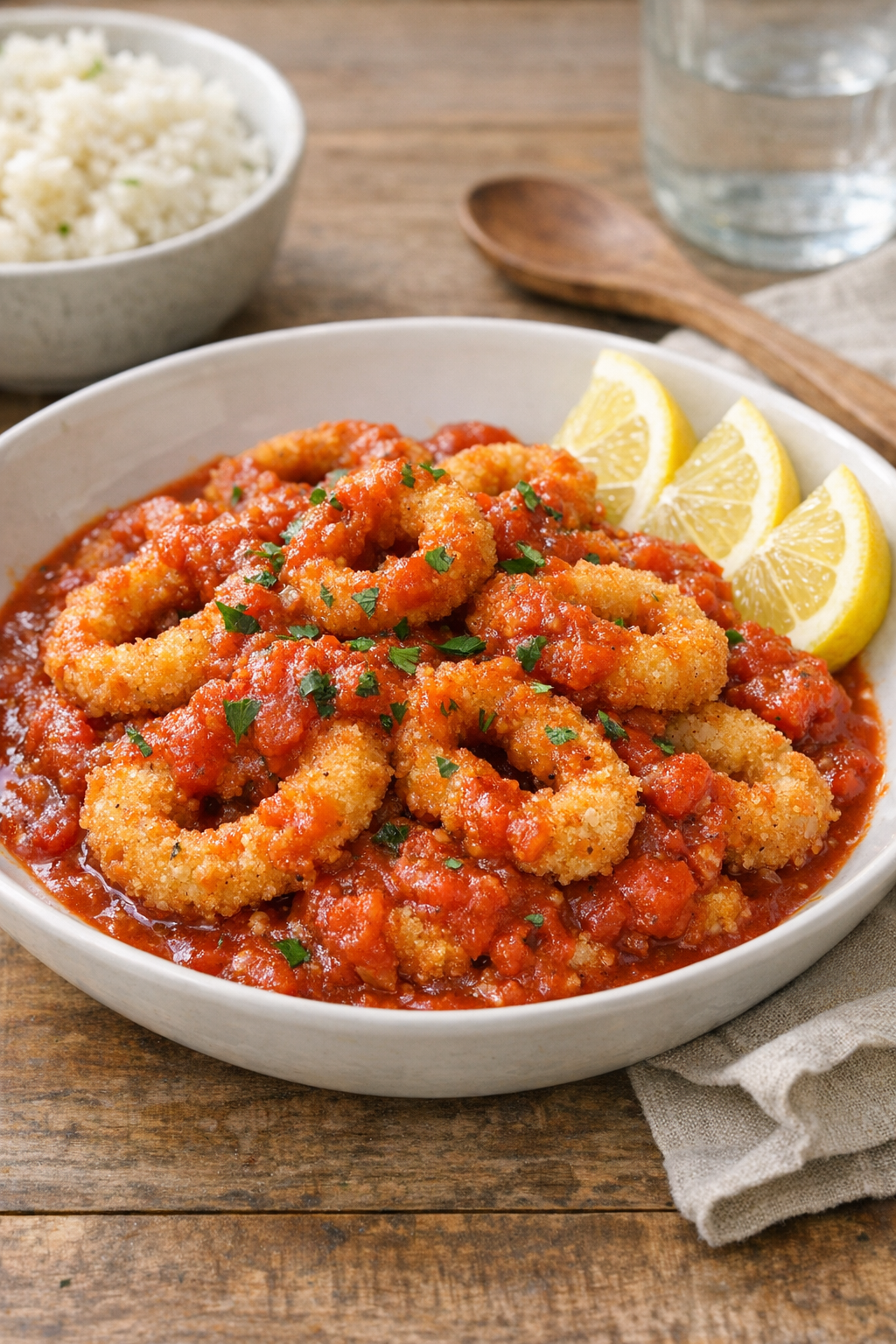 Finished plated slow cooker calamari with sauce