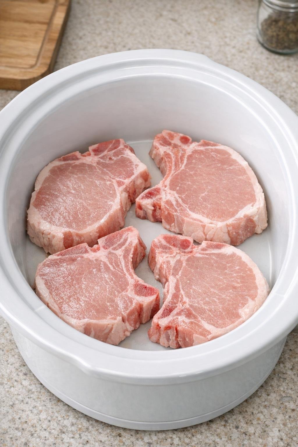 Rauwe varkenskoteletten in een witte slowcooker.