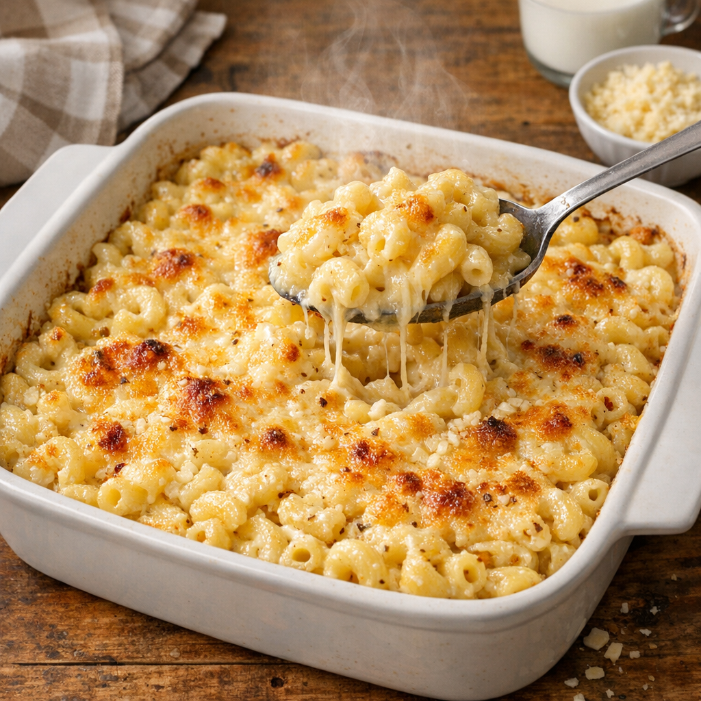 Finished baked garlic butter macaroni in a casserole dish