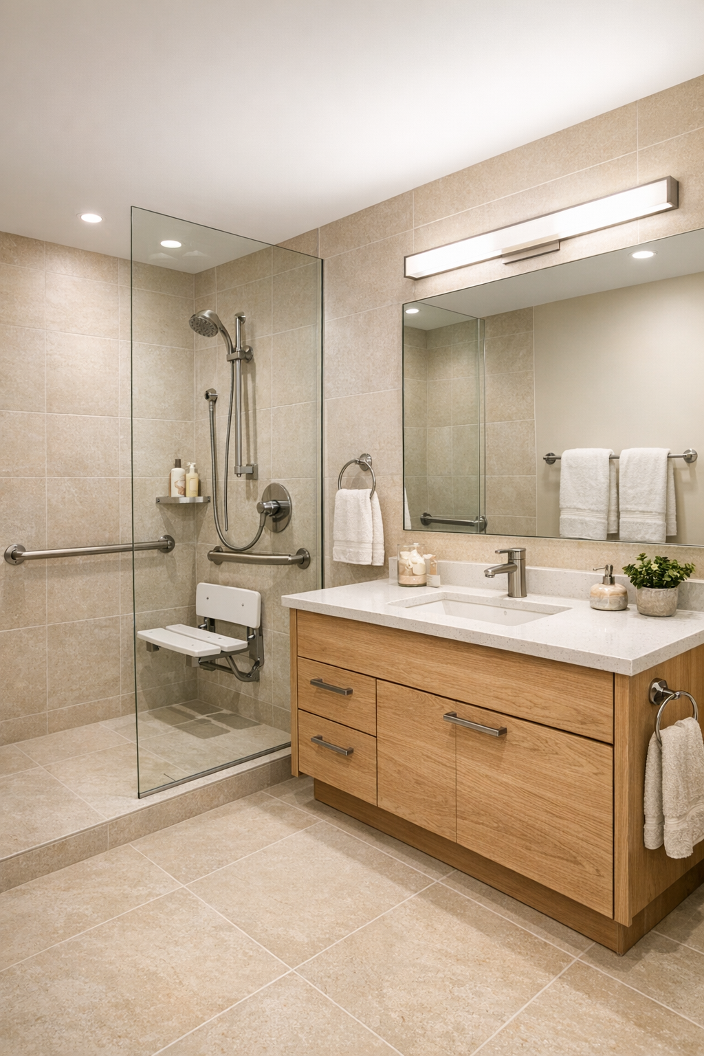 Elegant accessible bathroom with curbless shower, sand-toned tile, and oak vanity