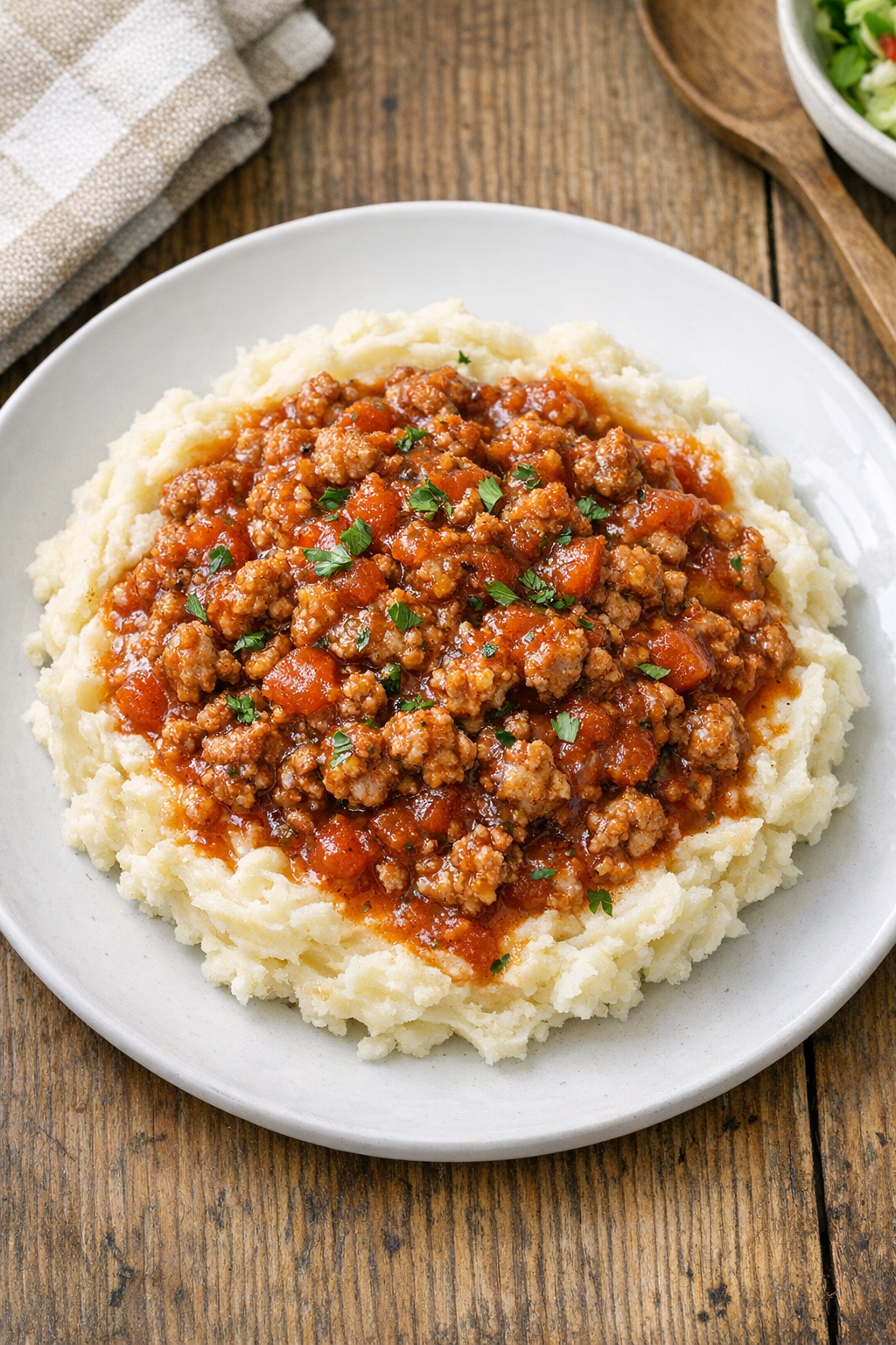 Finished slow cooker ground pork served over mashed potatoes
