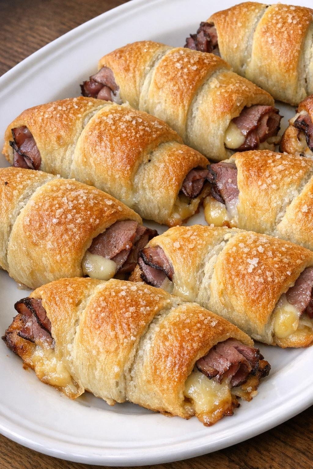 Golden brown crescent blankets filled with roast beef and smoked gouda on a white platter
