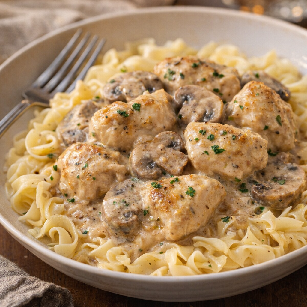 Patiekite vištienos stroganoffą su sviestu apkeptais kiaušininiais makaronais