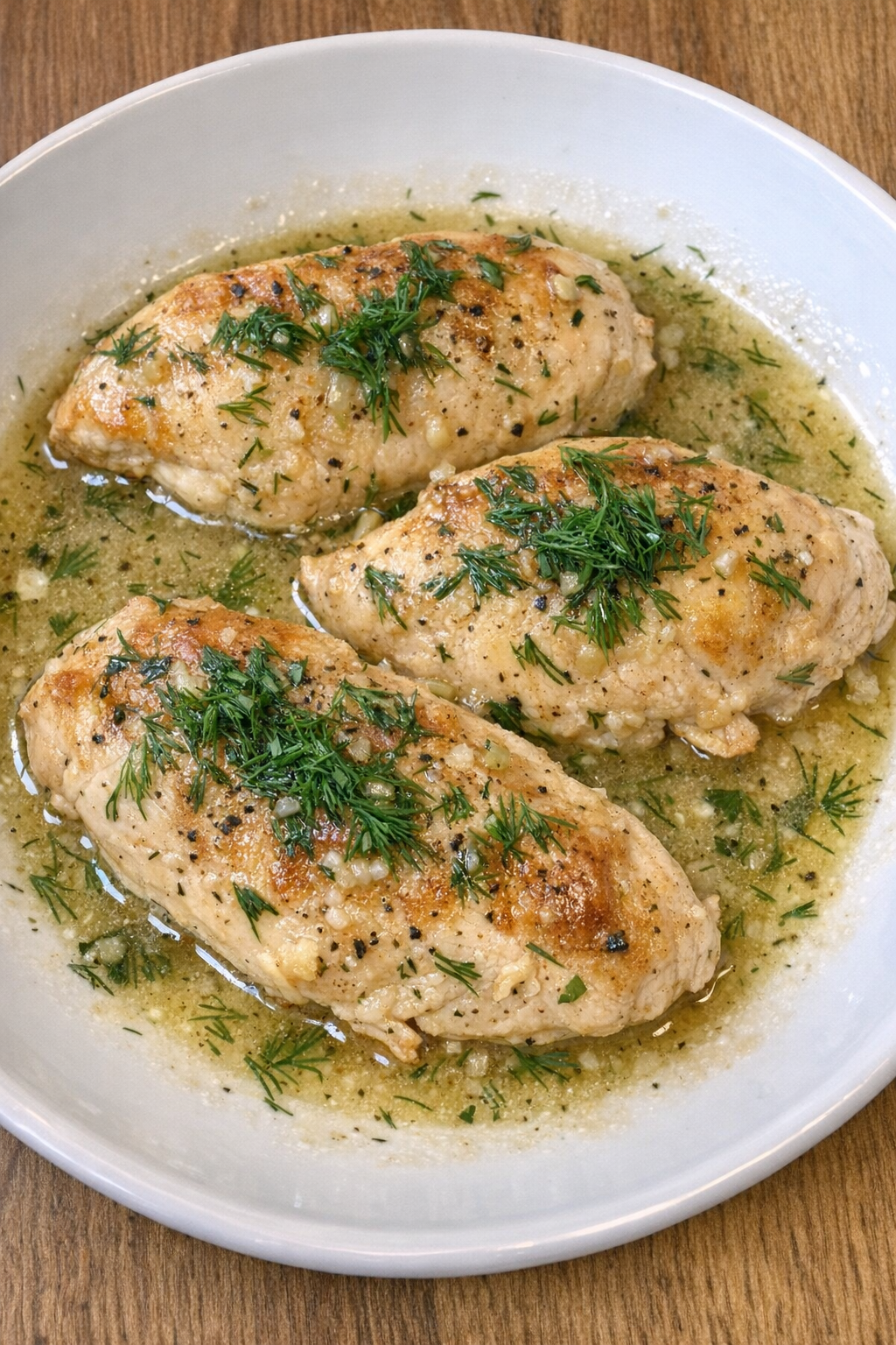 Slow cooker Amish dill chicken plated on a white ceramic dish