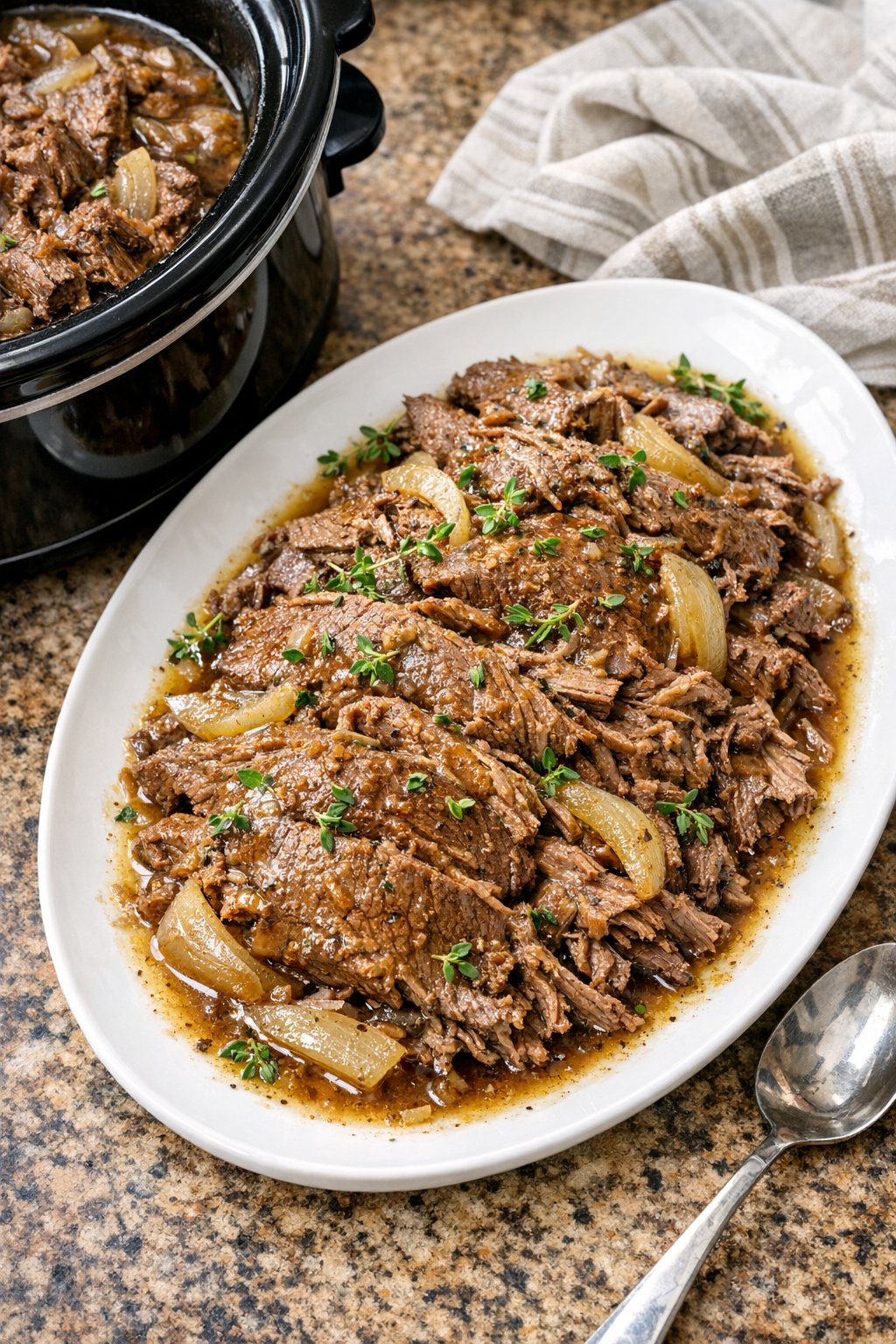 Finished Amish thyme beef plated with savory juices