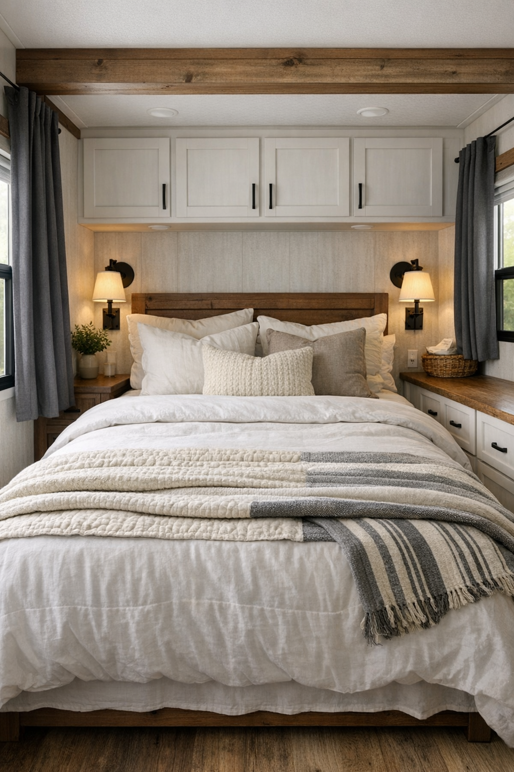 Serene farmhouse bedroom with white bedding, soft textiles, wood accents, and wall sconces